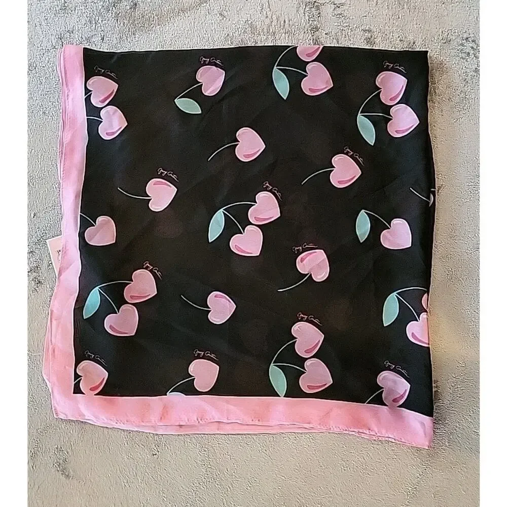 Juicy Couture 100% Polyester Square Scarf Black With Heart Shaped Cherry H65